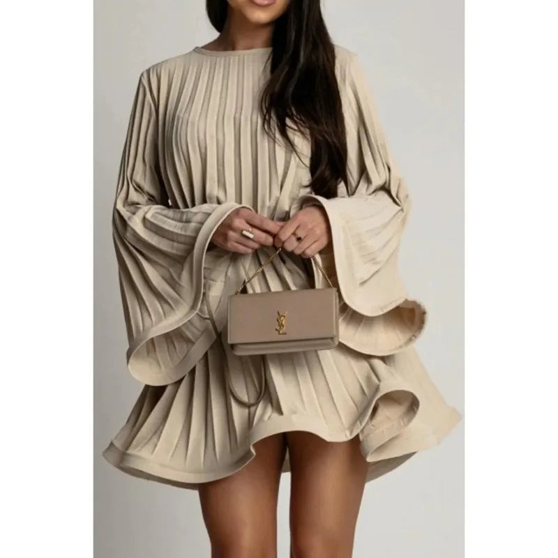 Elegant Pleated Mini Dress for Women - Spring Summer Flared Sleeve Round Neck Lace Up Fashion Dress | Perfect for Parties, Dates & Special Occasions