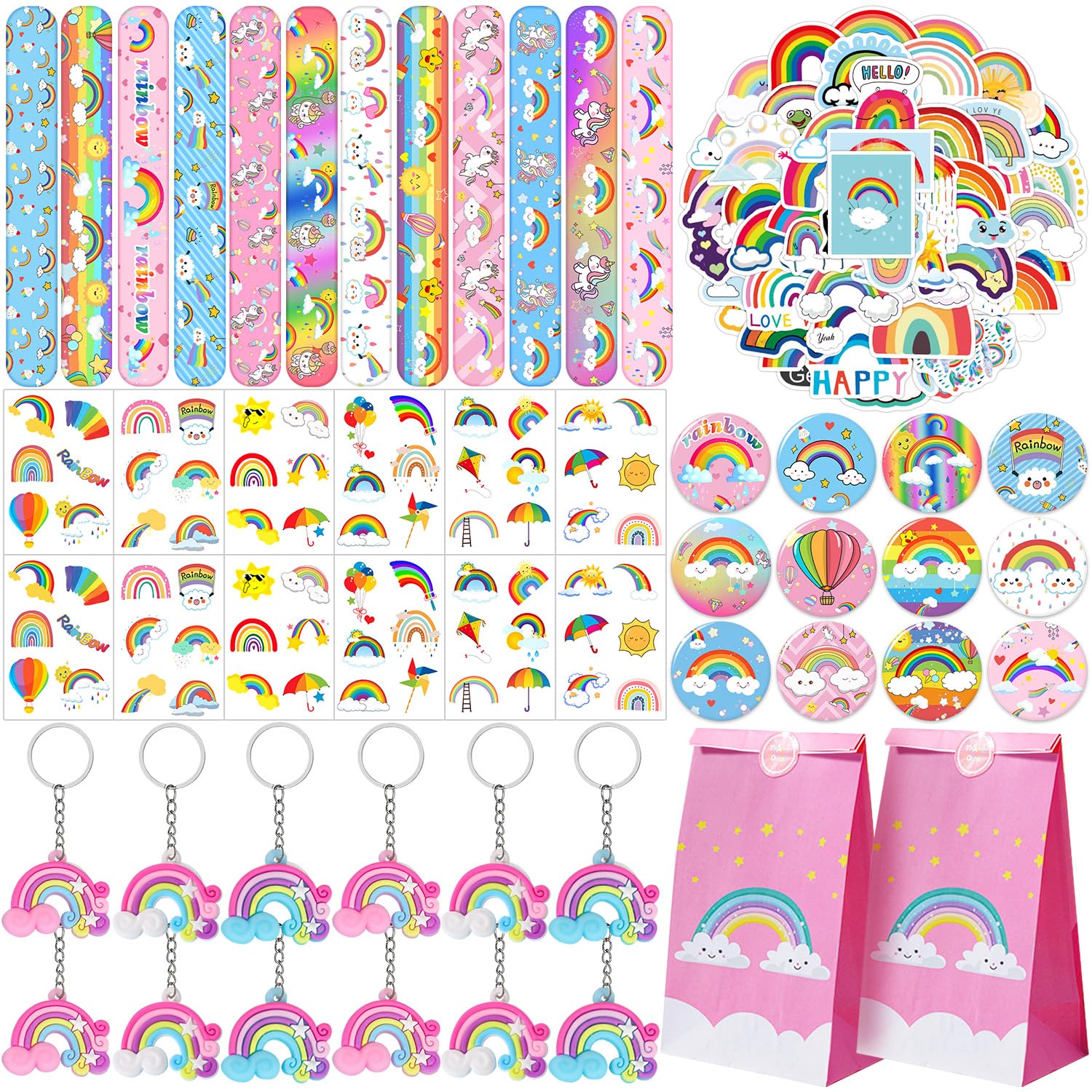 110-Piece Rainbow Party Favors Set - Slap Bracelets, Button Pins, Stickers, Temporary Tattoos & Key Chains - Perfect for Kids Birthday Parties, Baby Showers & Unicorn Themed Celebrations - Includes Gift Bags & Decorations for Boys & Girls