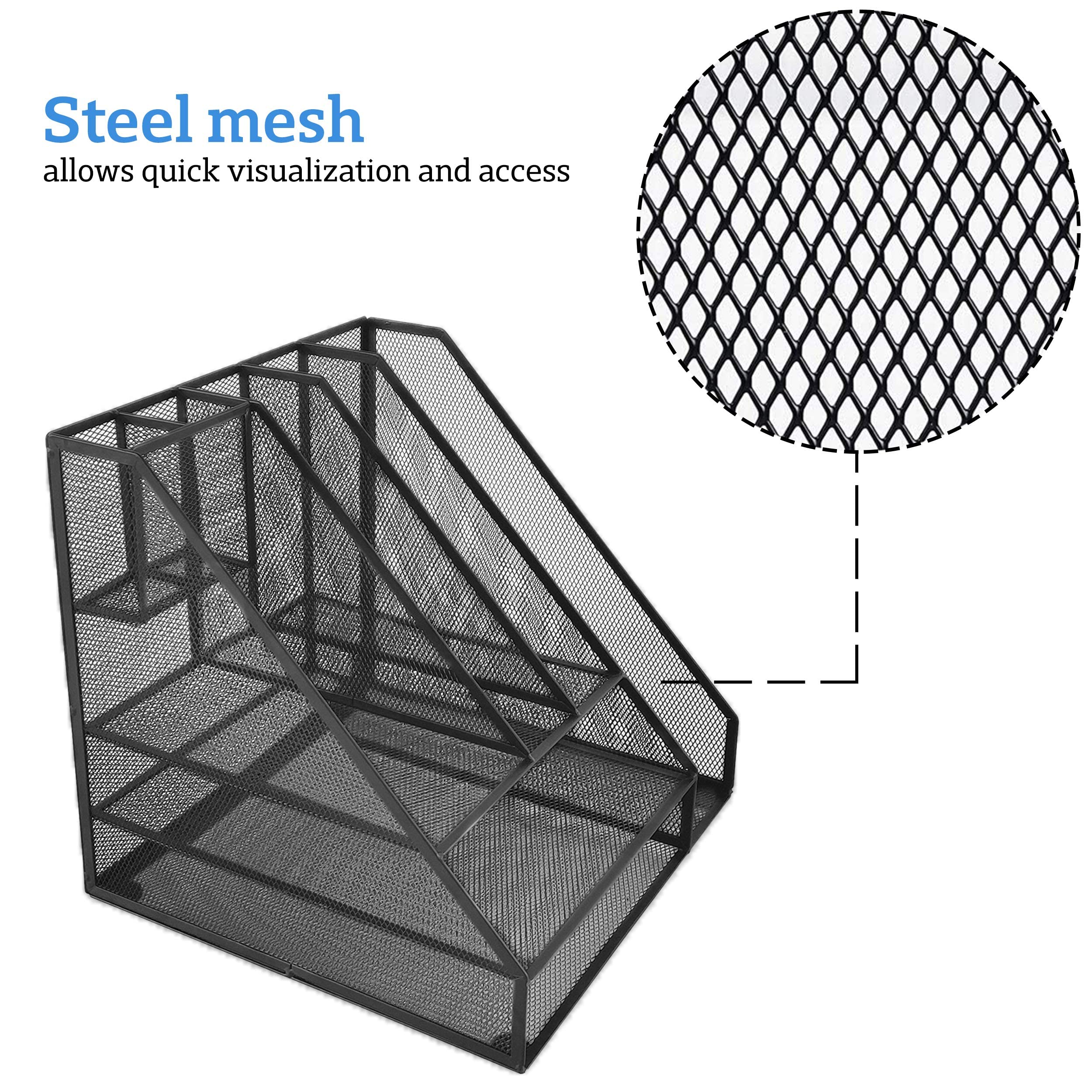 Mesh Desk Organizer with 8 Compartments - 2 Letter Trays, 4 Vertical File Holders & 2 Pen Holders - Office Supplies Organizer for Home & Office (Black) - Perfect for Decluttering Desks, Organizing Documents & Storing Stationery