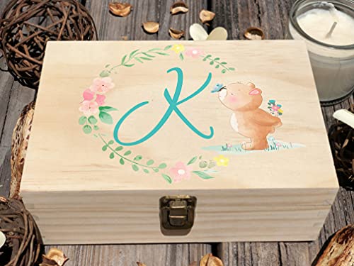 Personalized Initial K Wooden Baby Keepsake Box - First Christmas & Birthday Gift for Kids