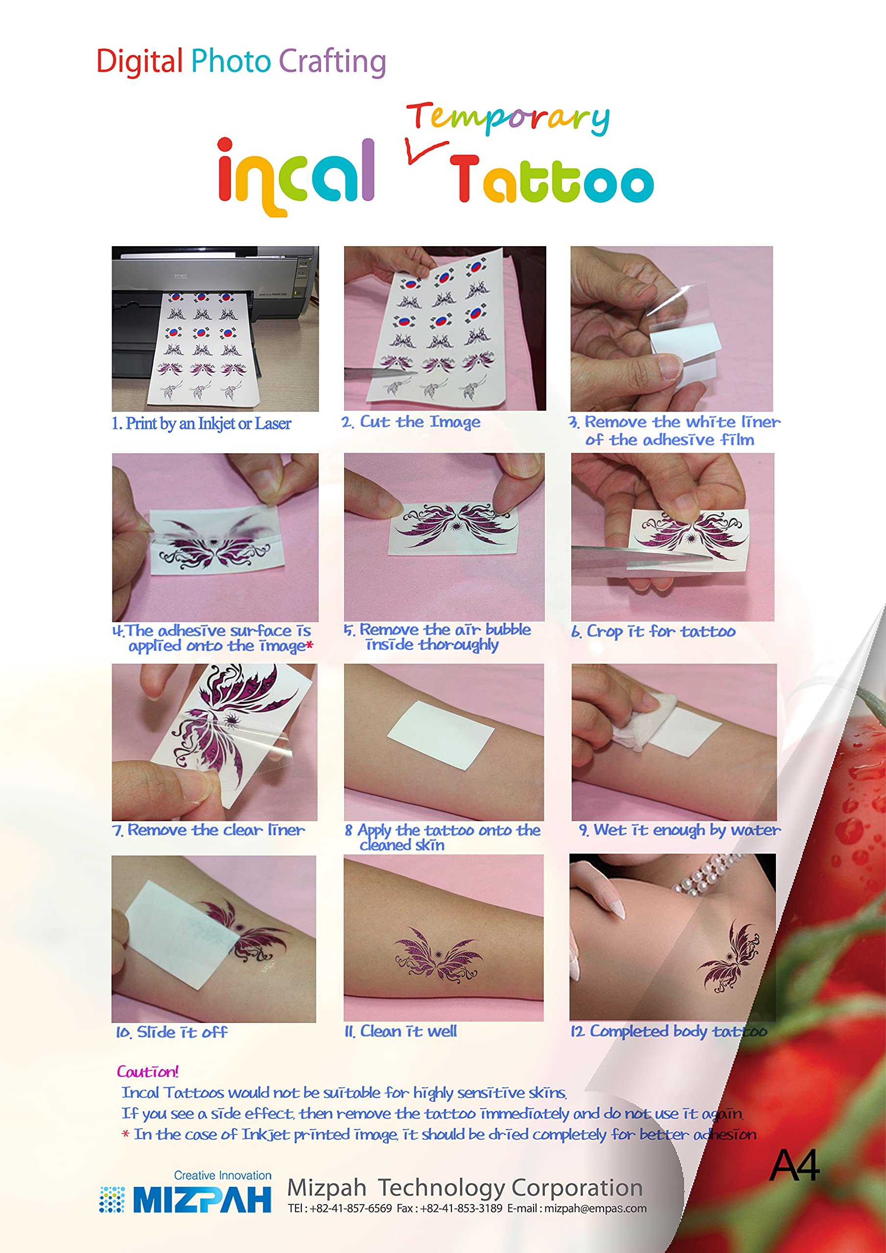 Printable Waterproof Temporary Tattoo Paper for Inkjet & Laser Printers - 5 Pack (8.27x11.7 inch) DIY Custom Body Art for Parties, Halloween & Cosplay | Incal Tattoo