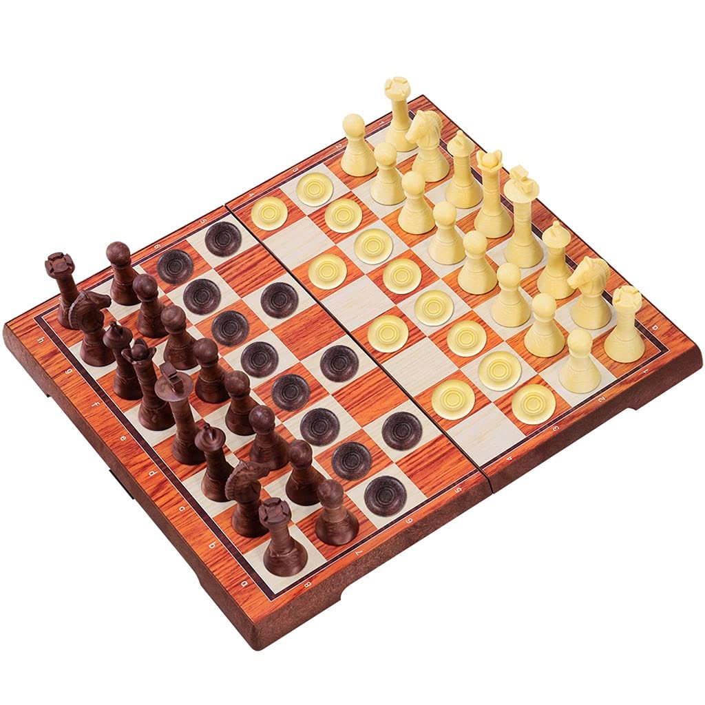Premium Magnetic Chess & Checkers Set - 2-in-1 Folding Board Game | 12.2x14.2 Inches Travel Chess Set with Handcrafted Pieces | Perfect for Home, Office & Outdoor Play (Brown)