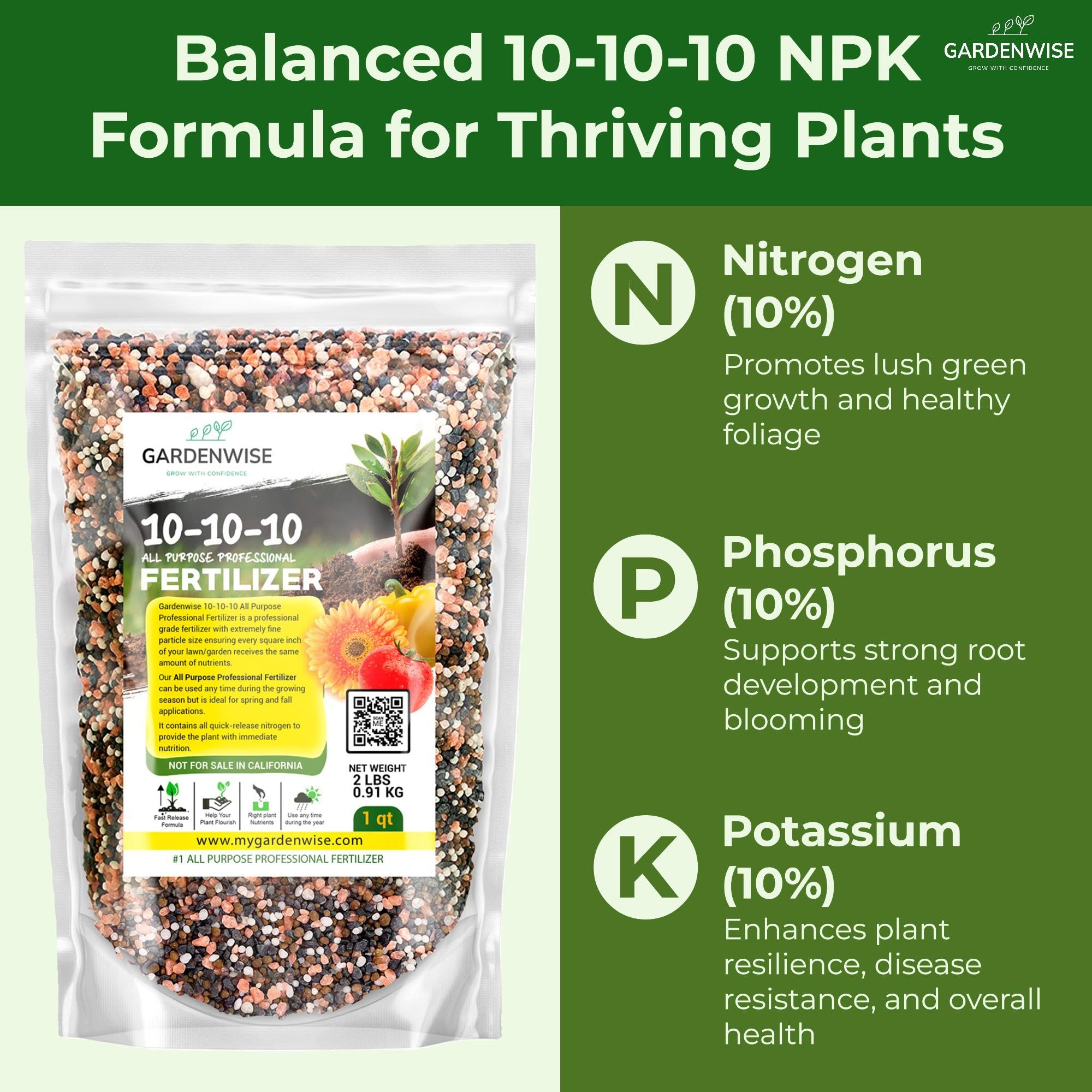 10-10-10 All Purpose Slow Release Granular Plant Fertilizer for Fruit Trees, Vegetables, Flowers, Shrubs, Evergreens, Pines and Oaks - Balanced NPK Garden Fertilizer (1/2 Quart) - Perfect for Home Gardening, Lawn Care and Indoor Plants
