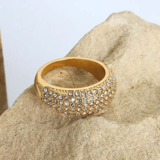 18K Gold Sparkly Pave Dome Ring for Women - Elegant Cubic Zirconia Wedding Engagement Promise Ring - Perfect for Anniversary, Valentine's Day Gift & Special Occasions