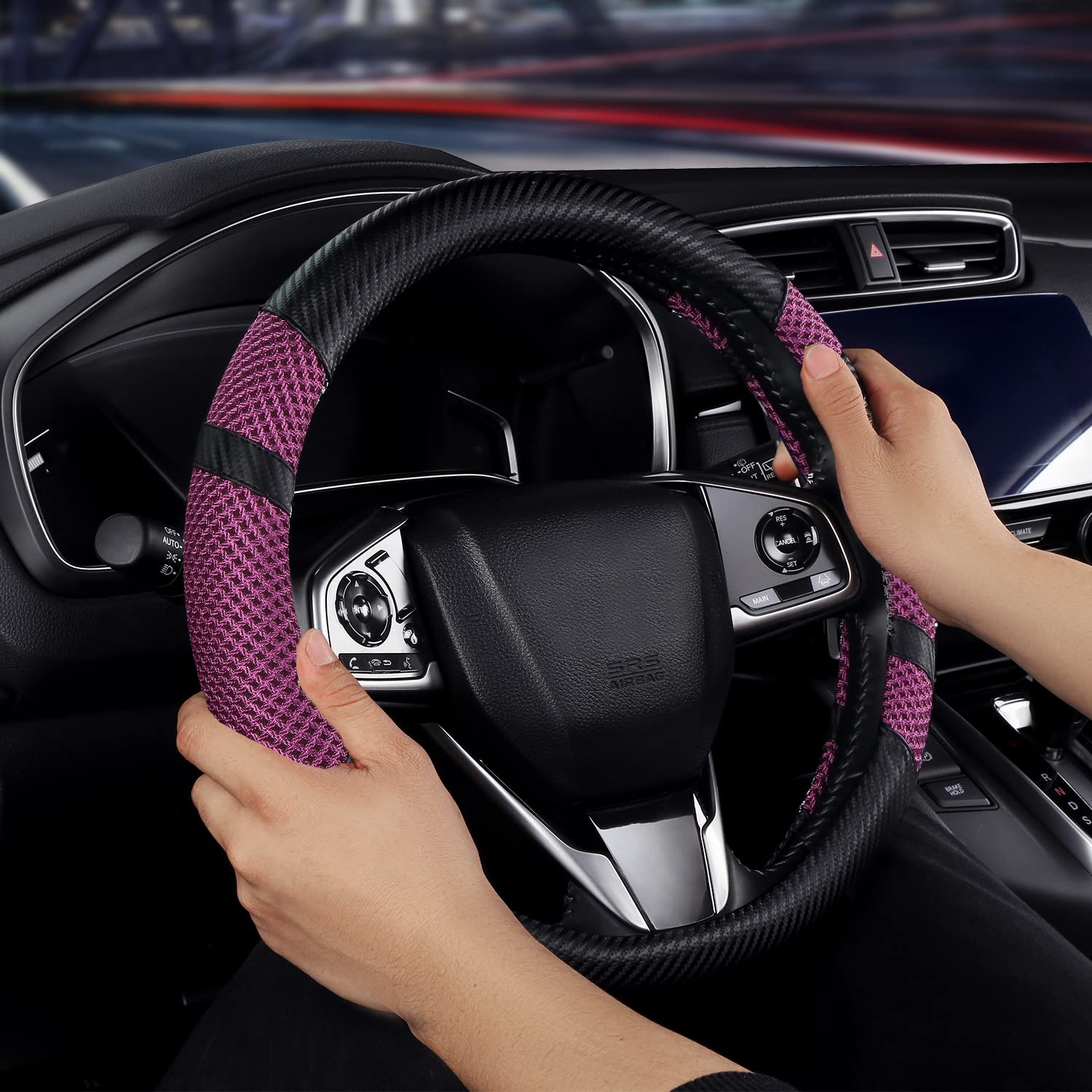 BOKIN Carbon Fiber Steering Wheel Cover - Universal 14.5-15 Inch, Microfiber Leather Car Accessory, Breathable Ice Silk Wheel Protector for Summer Cooling & Winter Warmth - Carbon Fiber Purple - Perfect for Daily Commuting & Road Trips