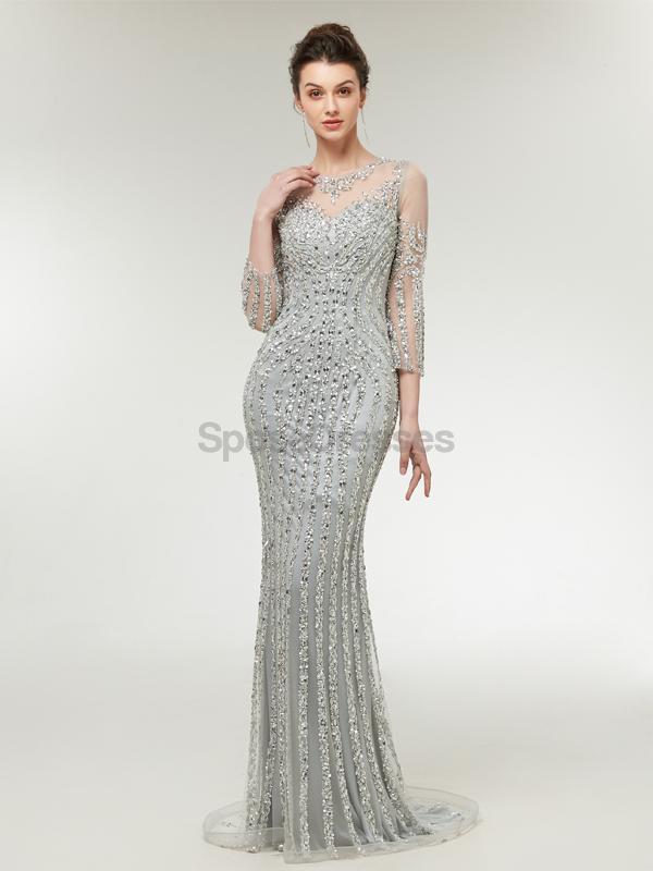 Elegant Long Sleeve Lace Beaded Mermaid Evening Gown - Formal Prom Dress for Women - Perfect for Homecoming, Wedding Guest, Black Tie Events & Special Occasions