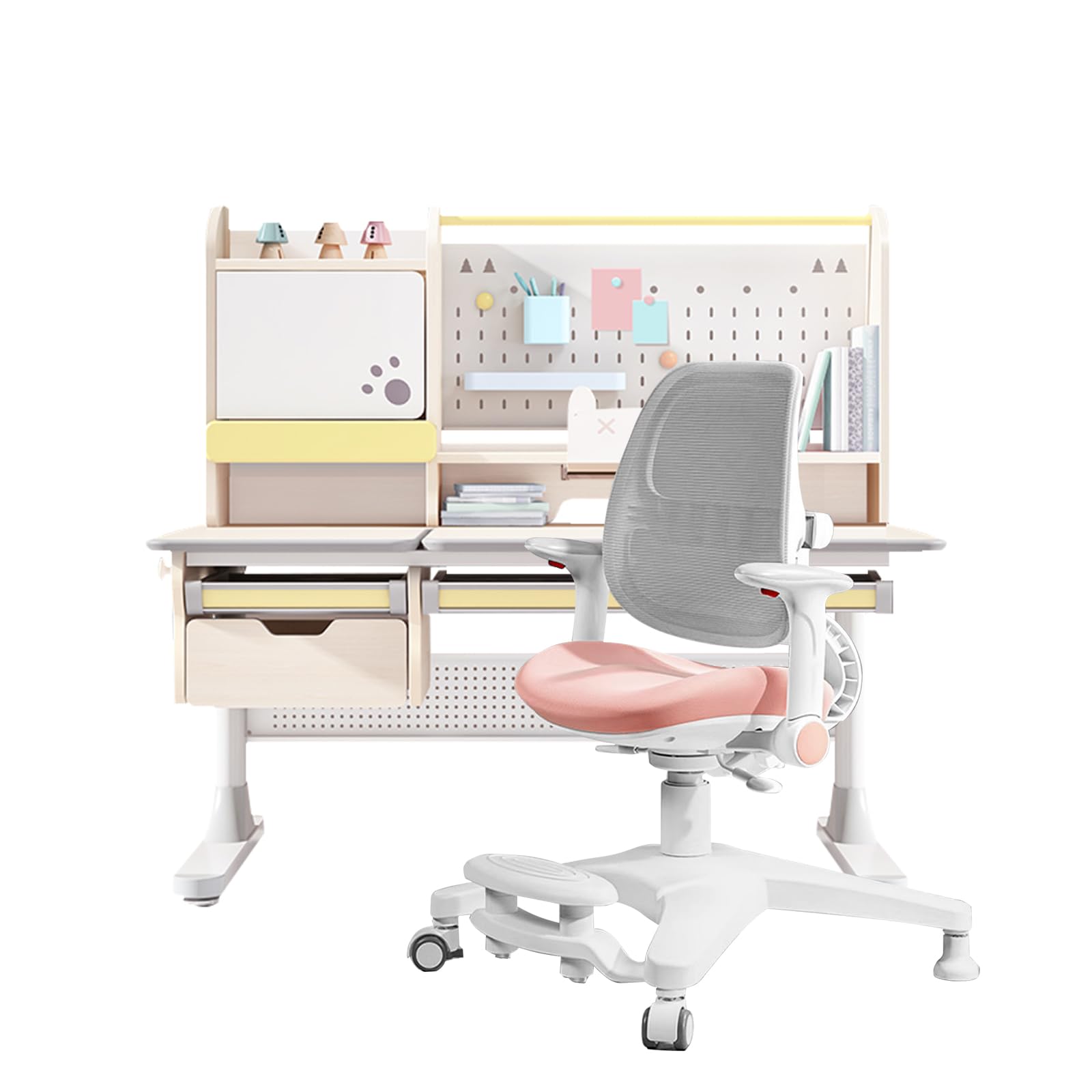 FCD Adjustable Wooden Kids Study Desk and Chair Set - Ergonomic Children's Writing & Reading Desk with Large Bookshelf, Tiltable Desktop, Storage Cabinets & Pull-Out Drawer - Perfect for Homeschooling, Online Learning & Bedroom Study (Pink Chair Included)