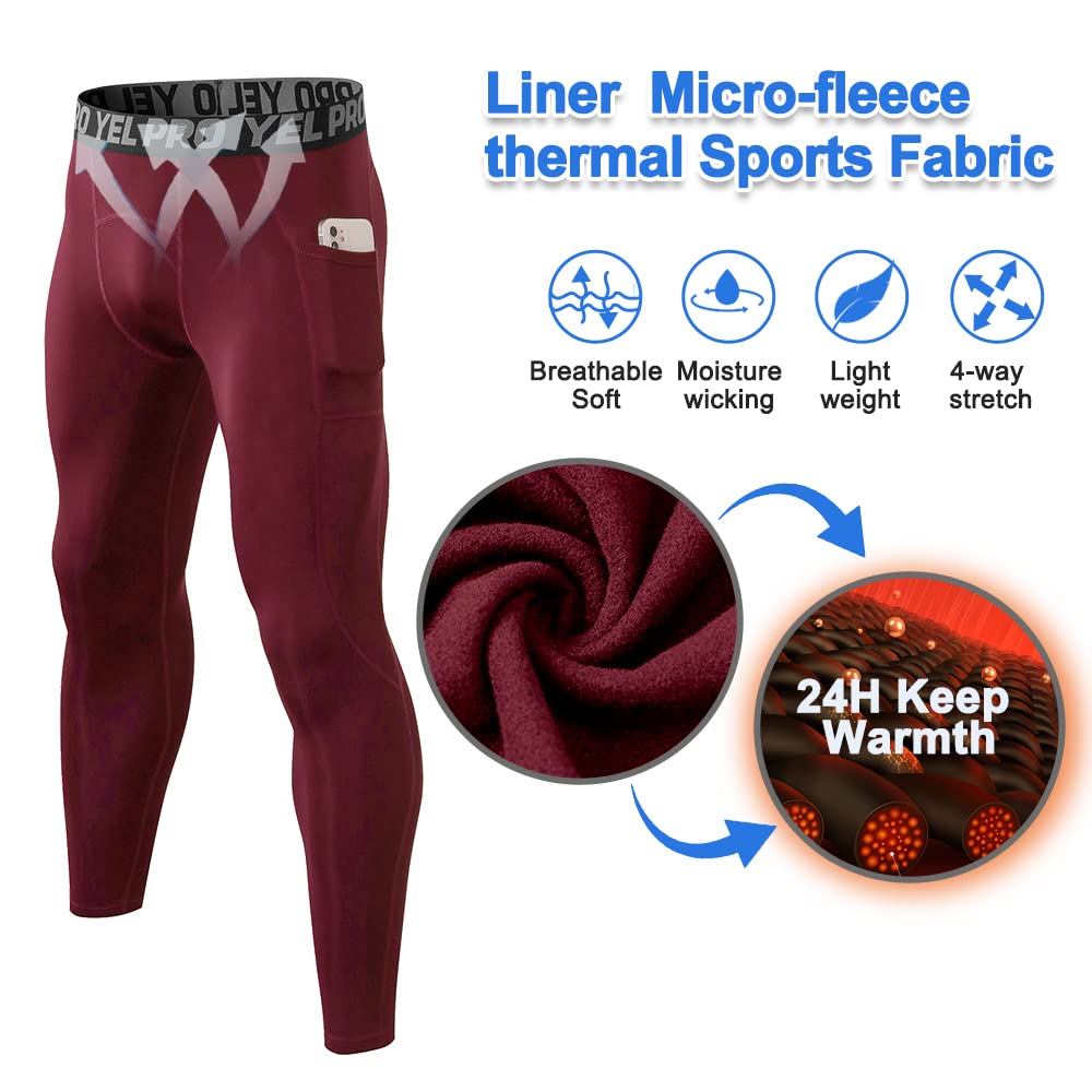 Men's Thermal Leggings - Micro-Fleece Warm Compression Pants for Running & Sports with Pockets - Base Layer Bottoms for Winter Workouts & Outdoor Activities