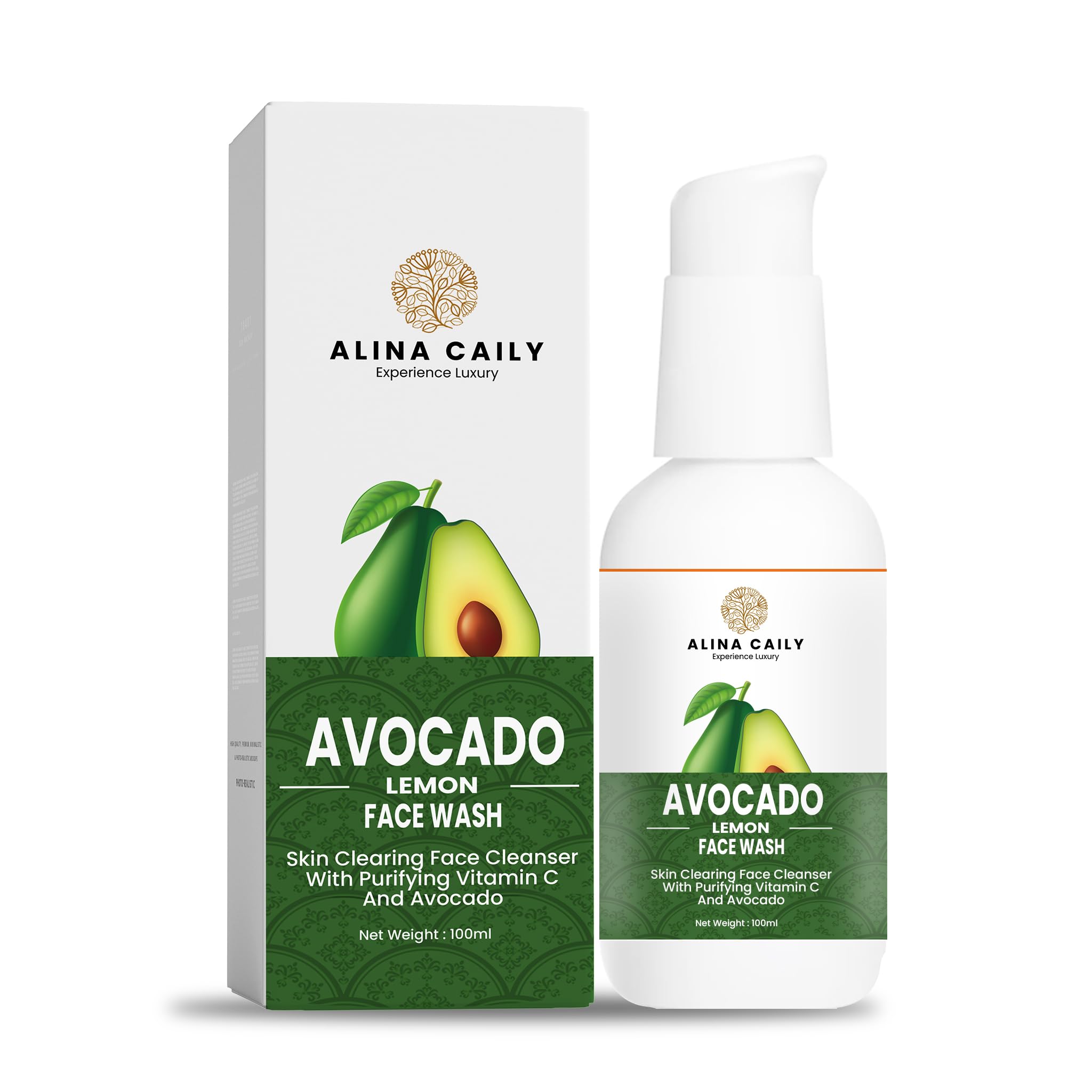 Alina Caily Avocado & Lemon Face Wash for Women - Vitamin C Anti-Aging Cleanser for All Skin Types, Oily Skin Care, 100ml, Paraben-Free | Gentle Daily Cleansing & Brightening Skincare Routine