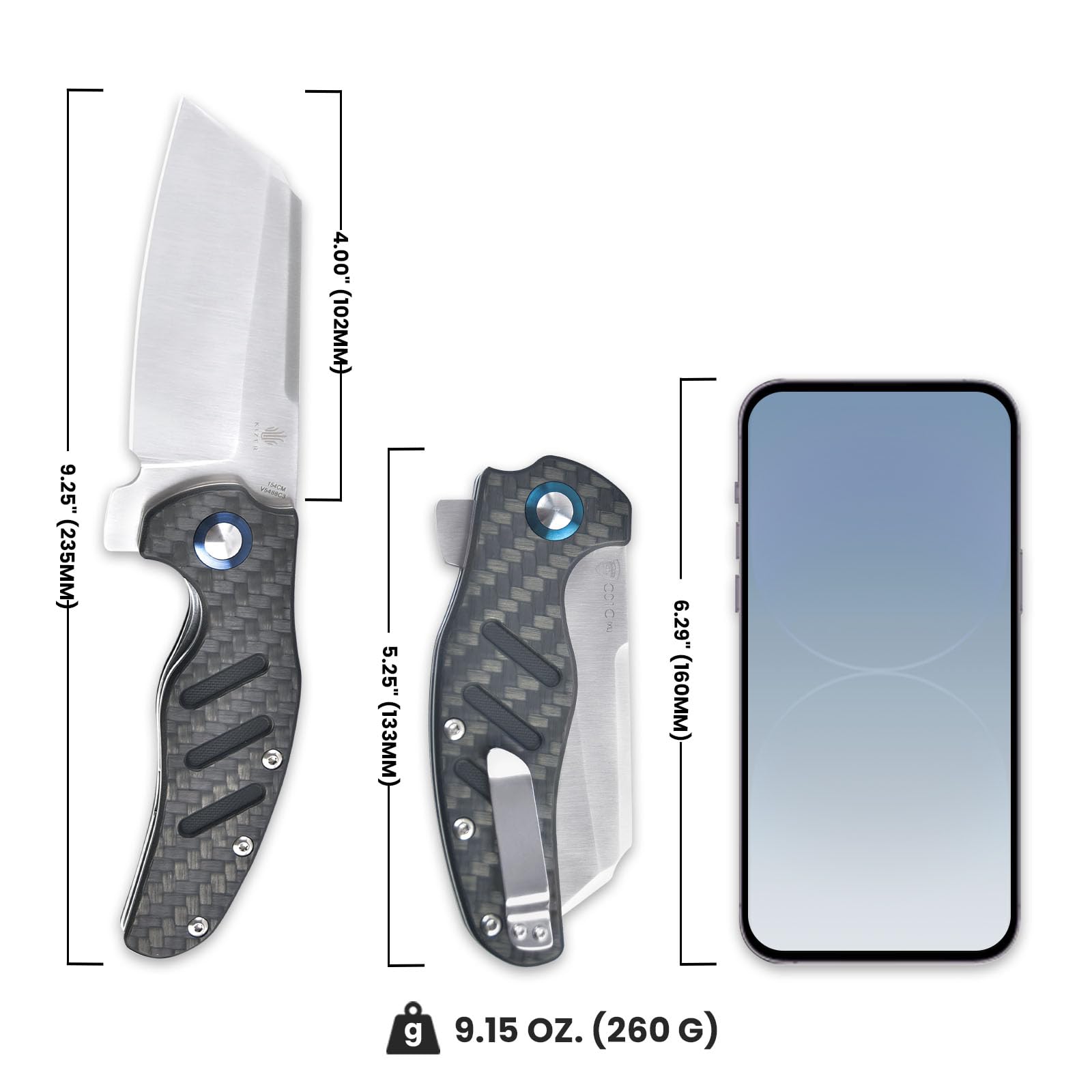 Kizer C01c XL Sheepdog Pocket Knife - 154CM Sheepsfoot Blade Folding Knife with G10 Carbon Fiber Handle - EDC Hunting & Camping Knife for Men & Women - Perfect for Outdoor Adventures, Survival Gear & Everyday Carry (V5488C3)