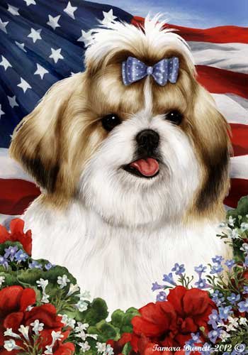 Shih Tzu Dog Breed Patriotic House Flag - 28 x 40 Inches Gold - Perfect for American Holidays, Backyard Decor & Pet Lover Gifts