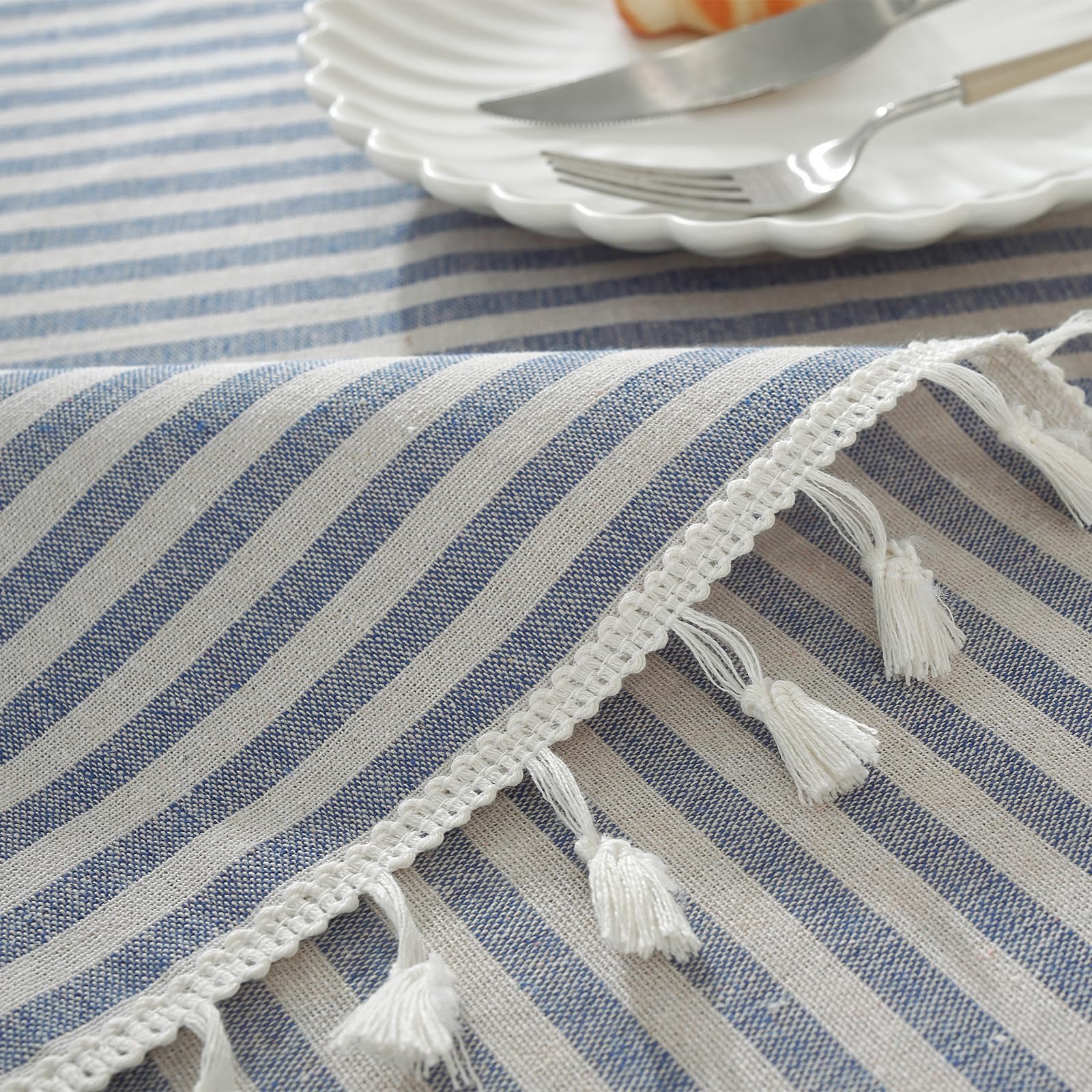Meioro Blue and White Striped Tablecloth with Tassels - Premium Cotton Linen Dust-Proof Table Cover for Dining, Coffee, Buffet, Kitchen, Picnic Tables - Perfect for Parties, Weddings & Outdoor Events (Blue)