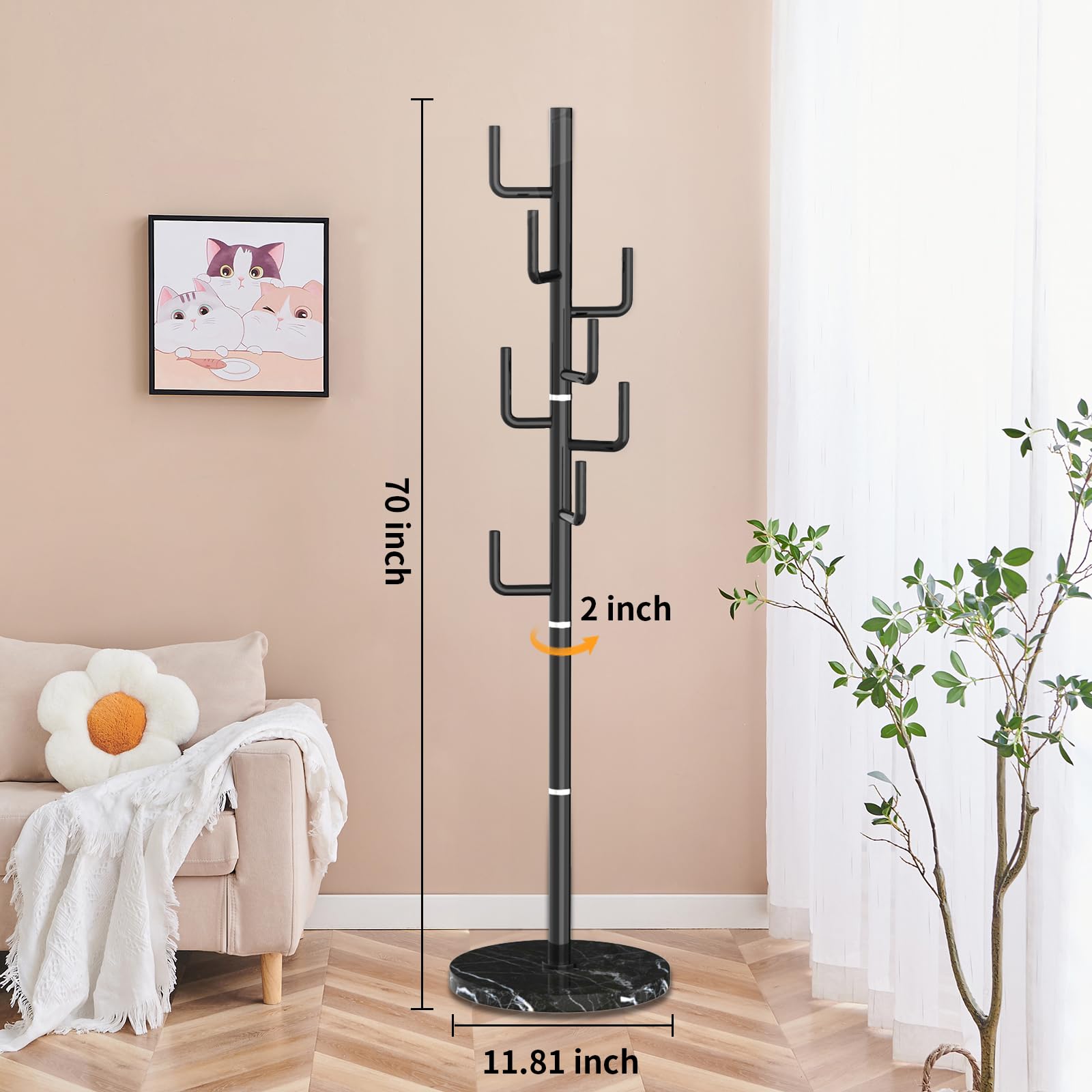 Stylish Metal Modern Coat Racks - Freestanding Cactus Design with Natural Marble Base, 8 Hooks for Hats, Bags & Jackets - Perfect for Entryway, Office & Home Organization