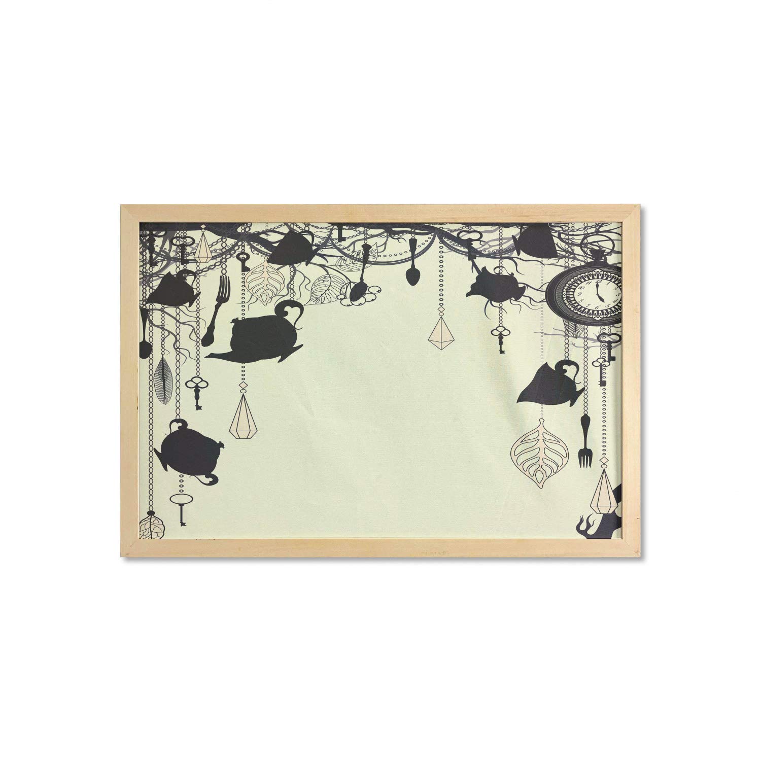 Ambesonne Vintage Tea Party Wall Art - Antique Diamond Forks, Spoons & Cups Design with Leaves & Tree Branch - Printed Fabric Poster for Bathroom, Living Room, Dorm Decor - 35