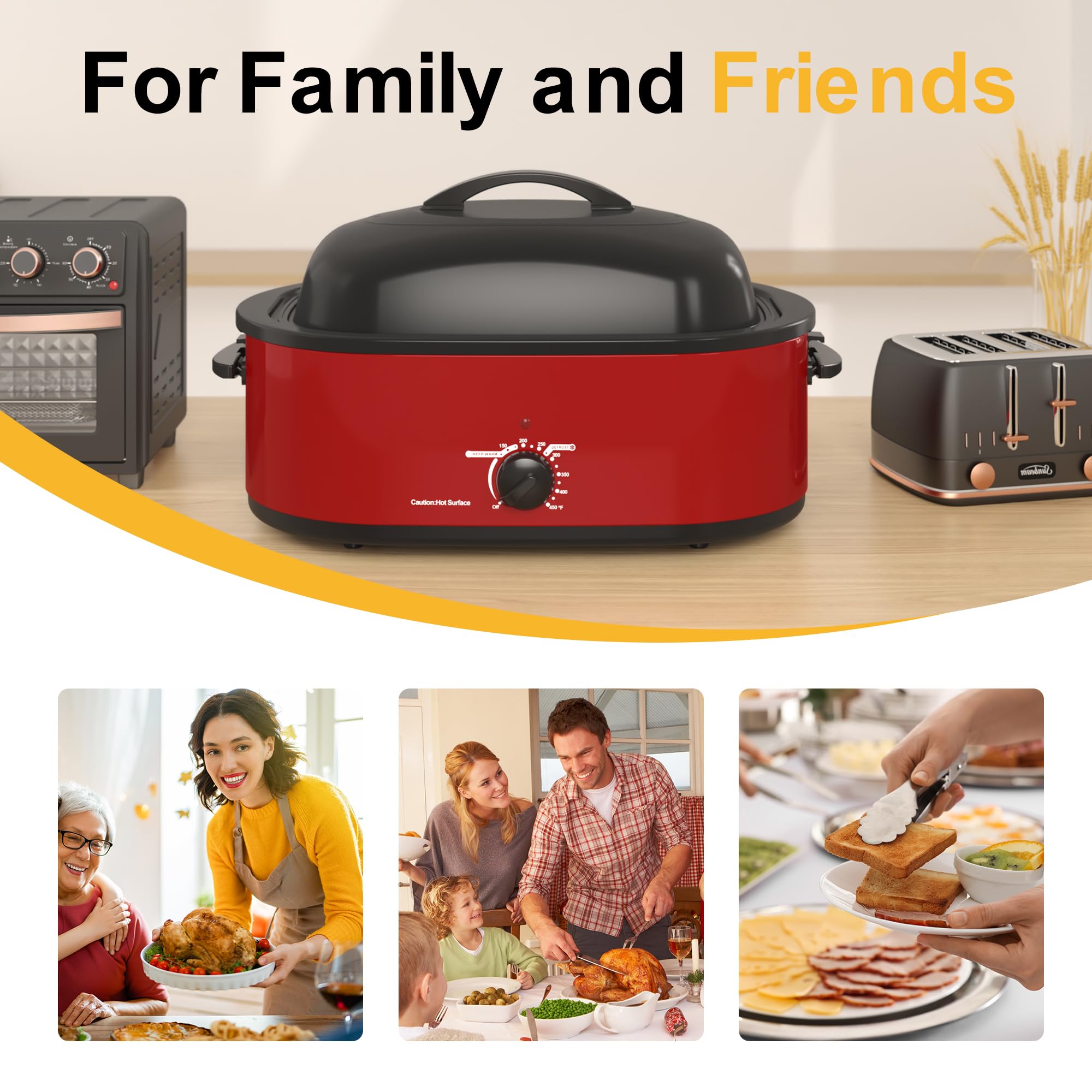 20 Quart Electric Roaster Oven with Self-Basting Lid, Turkey Roaster Oven with Removable Pan and Rack, Red – Perfect for Holiday Feasts and Large Family Gatherings
