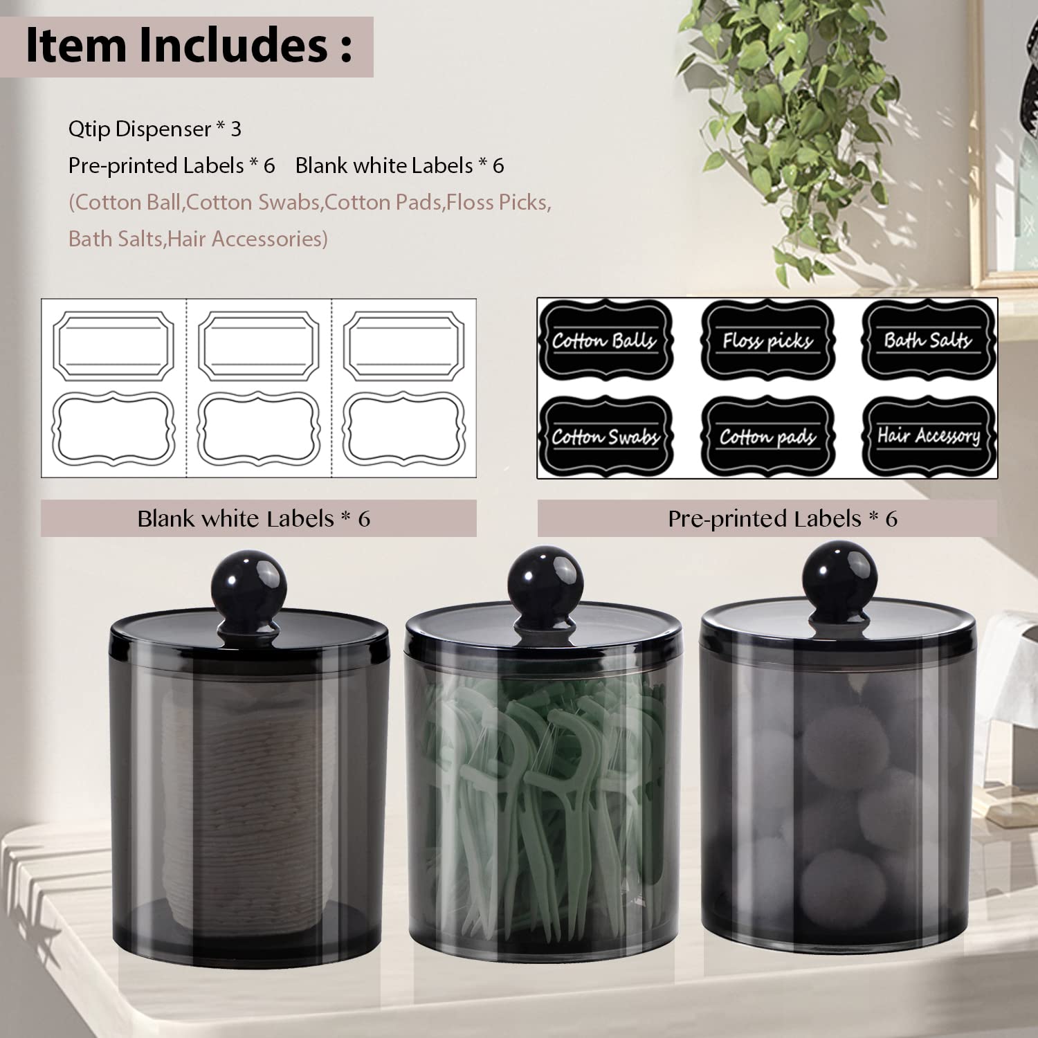 3 Pack Black Plastic Q-Tip Dispenser Apothecary Jars with Labels - Cotton Swab Holder & Storage Organizer for Bathroom, Vanity, Salon (Cotton Balls, Rounds, Floss Picks, Hair Clips & Ties) - Perfect for Countertop Organization and Travel Essentials