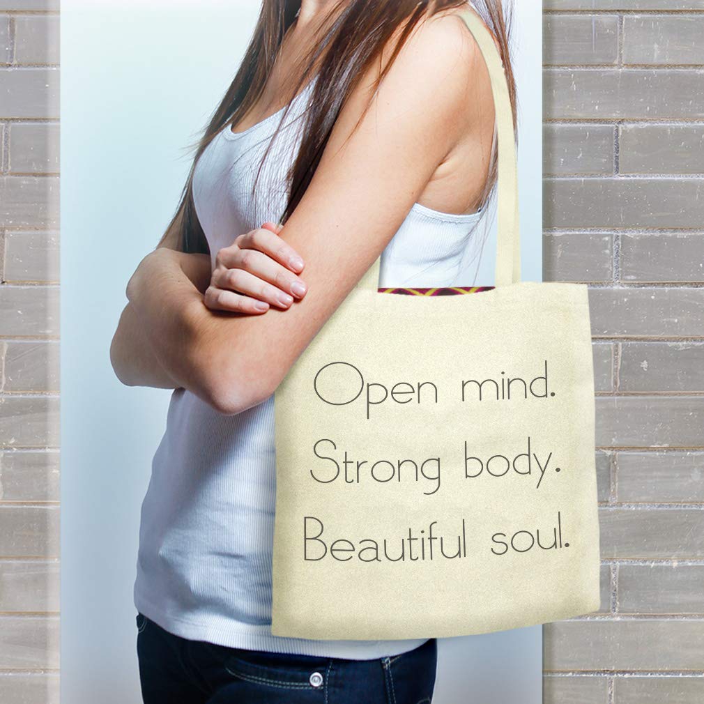 Custom Canvas Tote Bag - Reusable Shopping & Beach Bag for Women with 'Open Mind Strong Body Beautiful Soul' Design - Perfect for Groceries, Work, Travel & Eco-Friendly Outings