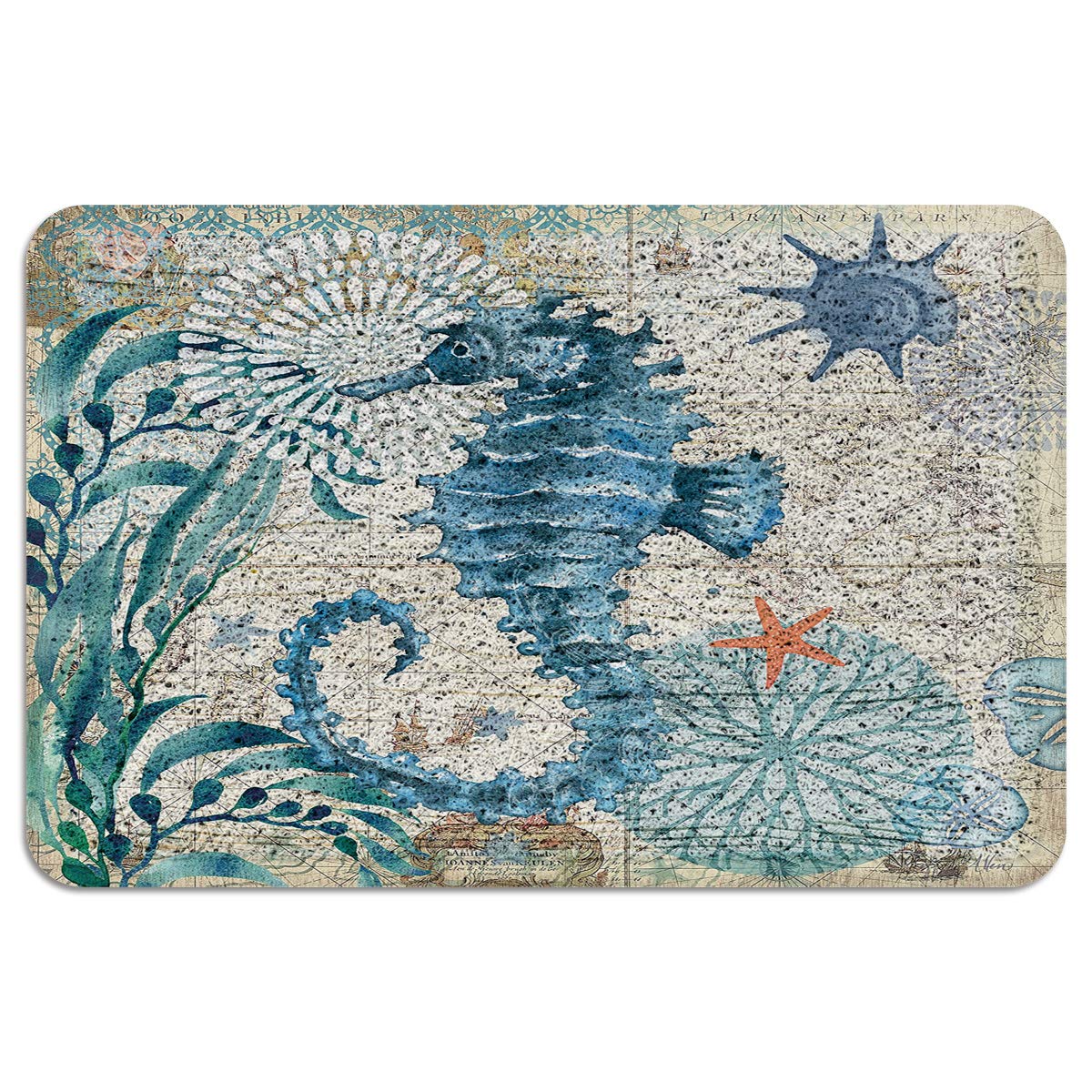 OneHoney Ocean Seahorse & Coral Welcome Doormat - Non-Slip Indoor/Outdoor Entryway Rug, Heavy Duty PVC Duraloop Mesh for Patio, Porch & Front Door - Retro Nautical Theme Home Decor - Perfect for Beach Houses, Coastal Decor & Seaside Entryways