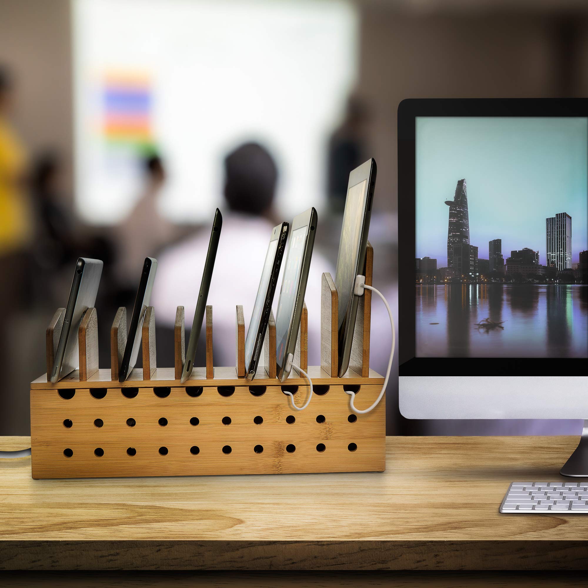 Premium Bamboo Charging Station for 10 Devices - Multi-Port USB Charger with Cable Management Box - Perfect for Home Office, Bedroom & Travel - Organize Smartphones, Tablets & Electronics