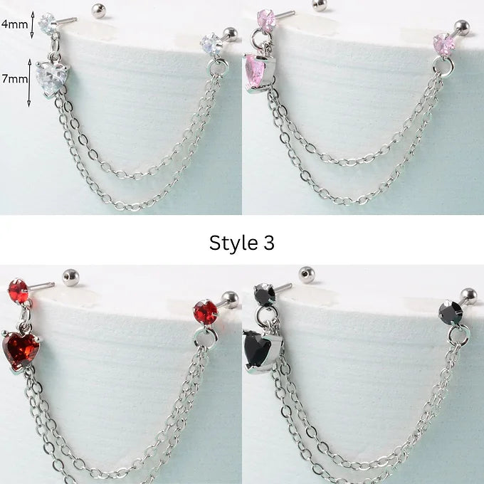 20G Surgical Steel Cartilage Chain Studs Double Piercing Earrings - DL044 | Hypoallergenic Body Jewelry for Helix, Tragus & Conch Piercings | Perfect for Everyday Wear & Special Occasions