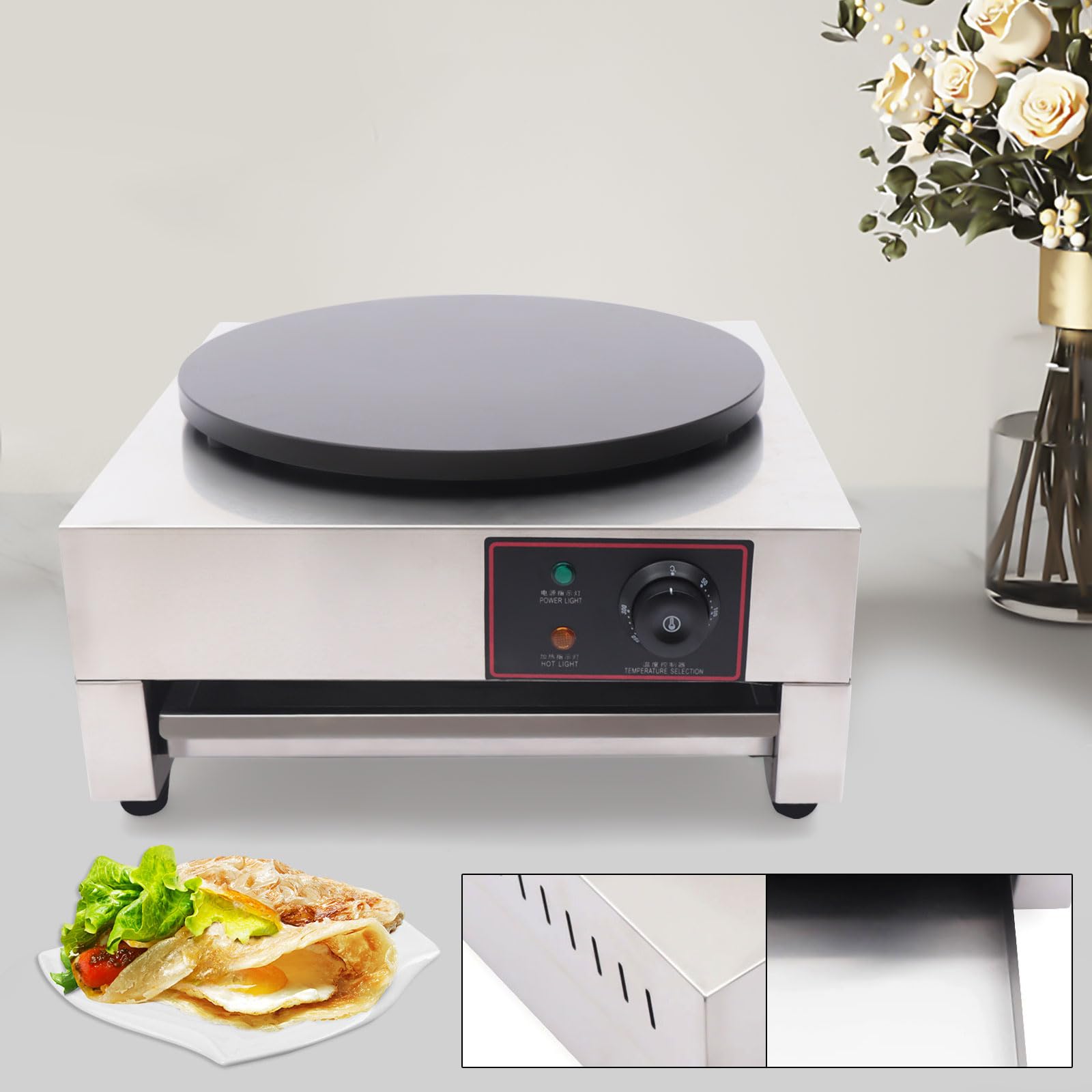 1700W Commercial Electric Crepe Maker - 16 Inch Nonstick Pancake Griddle with Adjustable Temperature (50-300°C/122-572°F) - Automatic Pancake Machine for Restaurants, Cafes & Catering Equipment - Perfect for Breakfast, Brunch & Dessert Preparation