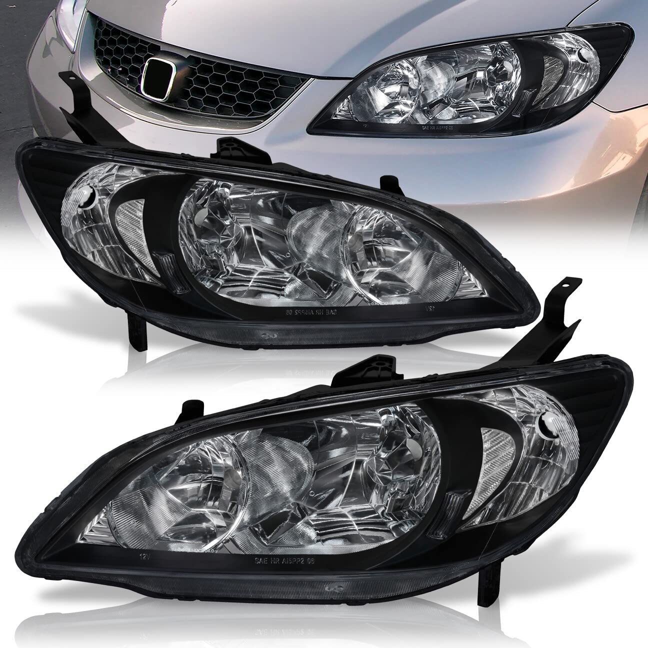 AJP Distributors Replacement Headlights Assembly for 2004-2005 Honda Civic - Black Housing with Clear Lens & Reflector - High Performance Driving Lights for Nighttime Visibility & Style Upgrade