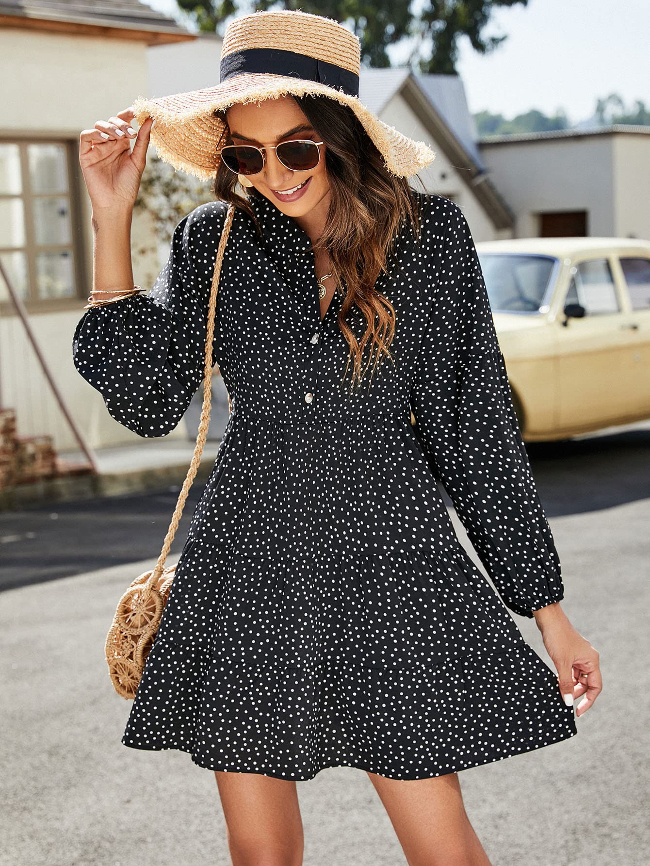 Women's Polka Dot V-Neck Button Down Ruffle Mini Dress - Loose Fit Long Sleeve T-Shirt Dress (Black, Large) | Casual Summer Outfit, Date Night, Office Wear & Vacation Dress