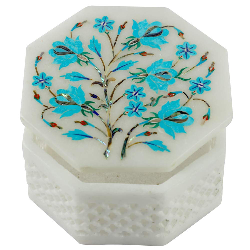 Queenza Handcrafted Marble Jewelry Box - Floral Gemstone Inlay Octagonal Gift Box for Women (4 Inch) - Elegant Storage for Necklaces, Rings, Earrings & Bracelets - Perfect Valentine's Day, Birthday & Anniversary Gift for Her - Home Decor & Dresser Organizer
