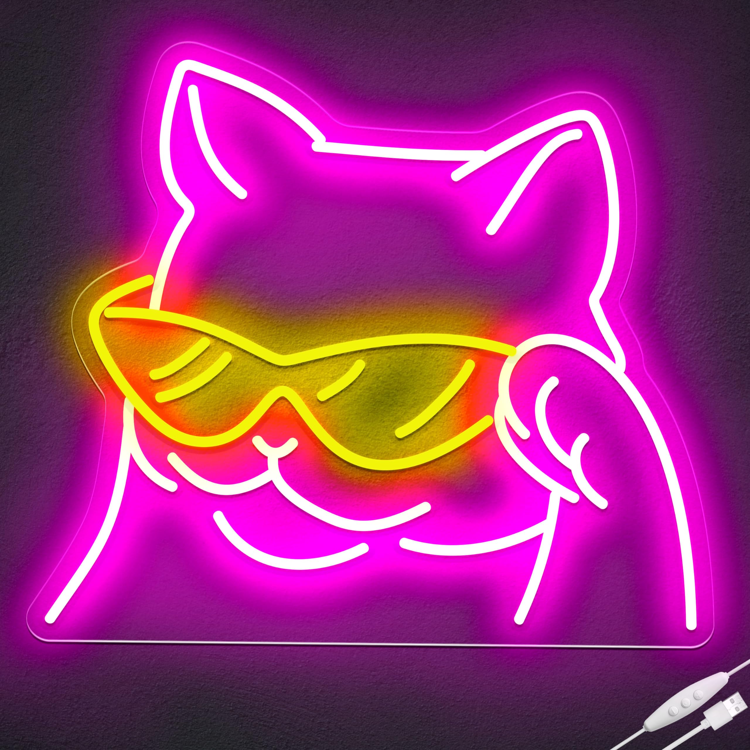 Cool Cat Neon Sign - Smiling Cat with Glasses LED Wall Light, USB Powered Dimmable Decor for Bedroom, Bar & Game Room - Perfect Cat Lover Gift & Unique Home Decor