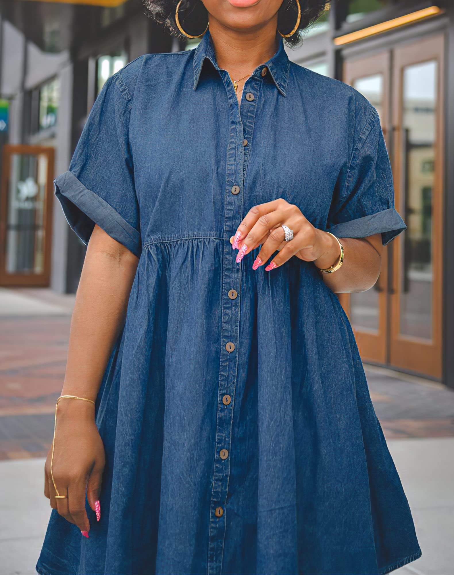 Women's Button Down Denim Babydoll Dress - Tiered Jean Dress for Casual Outings, Date Nights & Summer Fashion