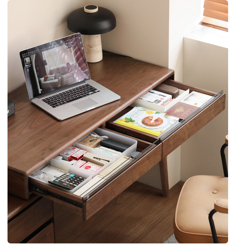 Premium Black Walnut Solid Wood Office Desk with 3 Drawers - Modern Writing & Computer Workstation for Home & Office Use