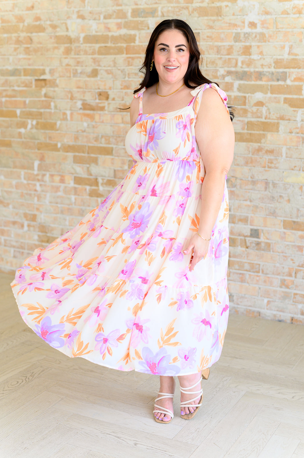 Pastel Floral Midi Dress for Women - Soft Pink Flowy Summer Dress with Ruffles, Casual Boho Chic Dress for Beach, Wedding & Date Night