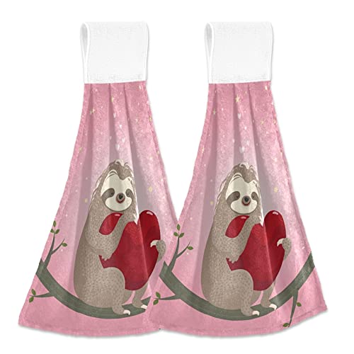 Valentine's Day Heart Sloth Kitchen Oven Towels - 2 Pack Super Absorbent Hanging Hand Towels with Loop - Cute Dishcloth & Tea Towel for Bathroom, Tabletop, Bar - Perfect for Valentine Gifts, Kitchen Decor & Hostess Essentials
