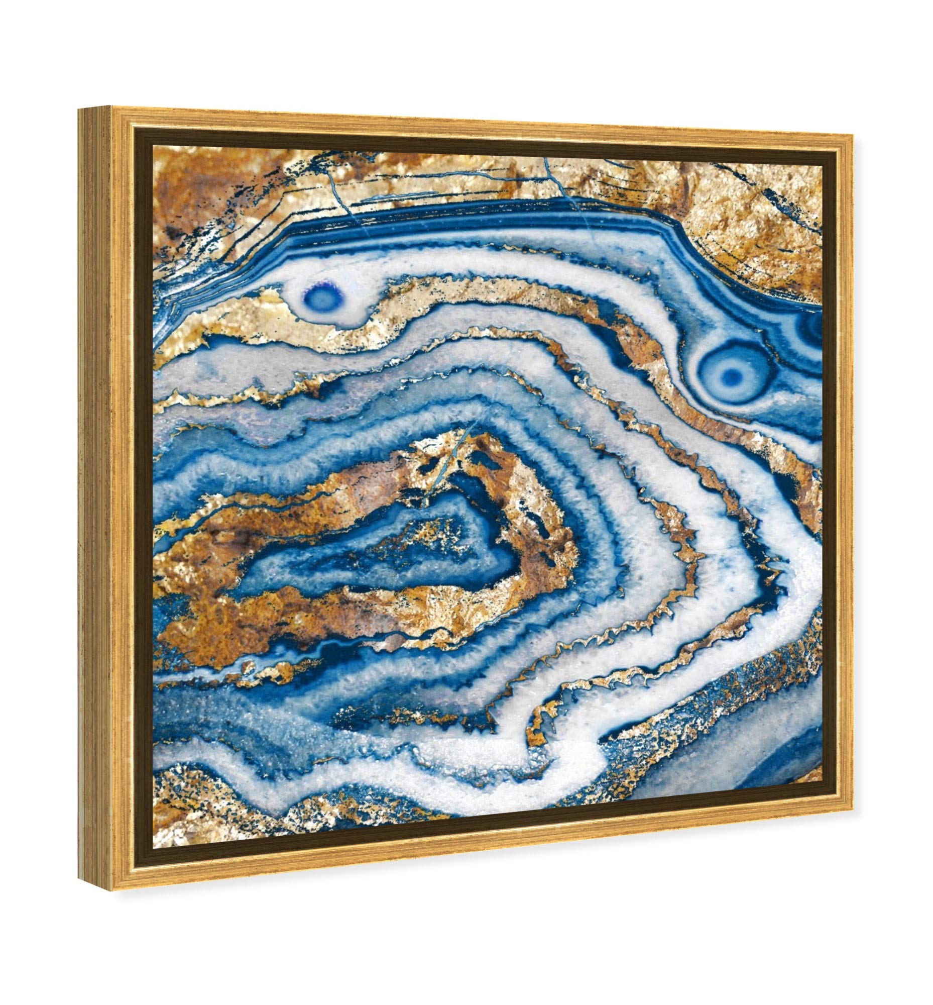 Abstract Framed Wall Art Canvas Print 'Bleu Agate' Crystal Design - 16x16 Inches Blue & Gold Home Decor - Perfect for Living Room, Bedroom or Office Wall Decoration