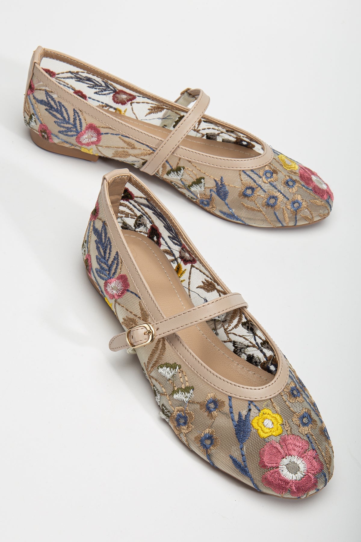 Fauna Beige Mesh Mary Jane Flats for Women - Comfortable & Breathable Casual Shoes for Work, Walking & Everyday Wear