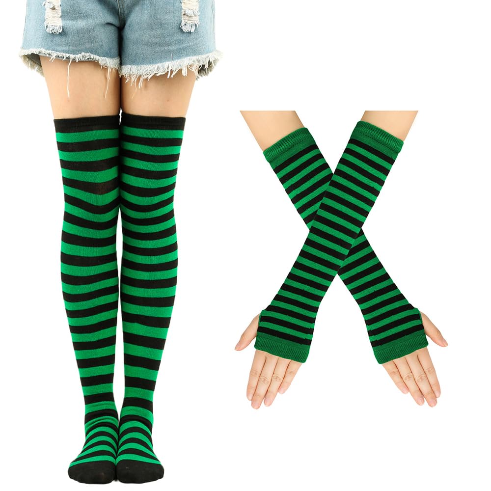 Benefeet Women's Striped Thigh High Socks & Arm Warmers Set with Fingerless Gloves - Over Knee High Stockings for Halloween, Cosplay, Winter Fashion & Outfit Accessories