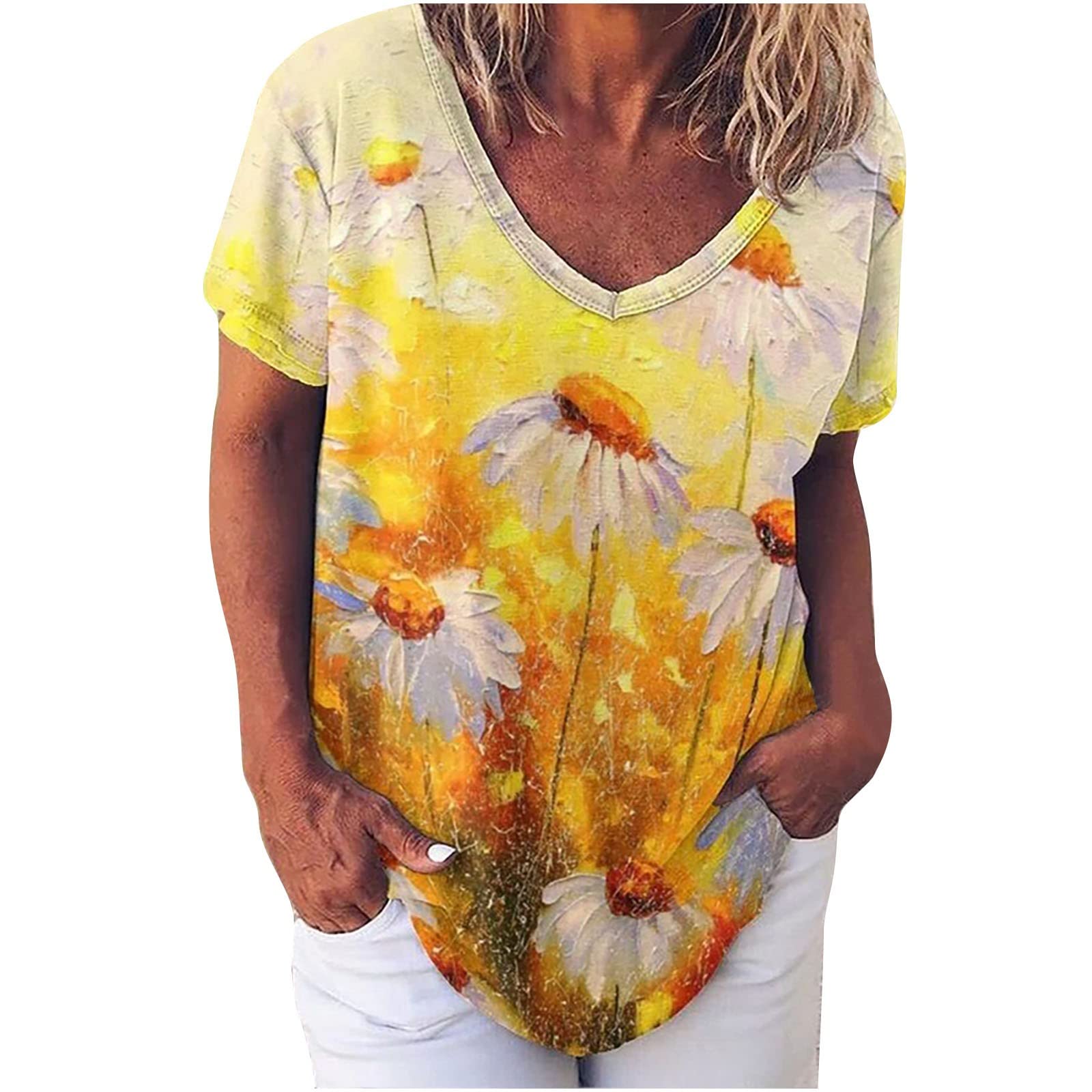 Women's Casual Short Sleeve V-Neck Tunic Top - Flowy Loose Fit Summer Printed Pullover Shirt for Painting, Beach, and Everyday Comfort Wear