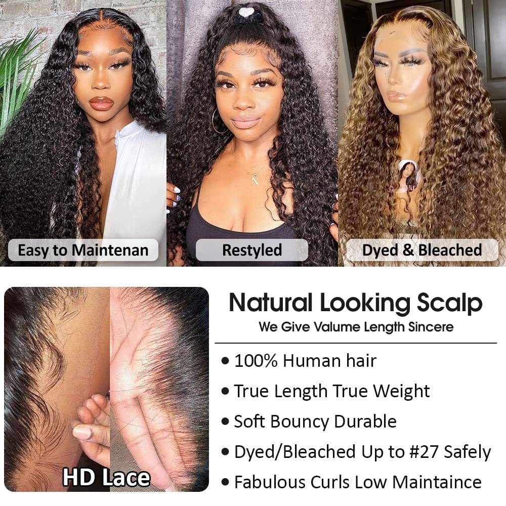 13x4 Deep Wave Lace Front Wig Human Hair - Pre Plucked Glueless Wigs for Black Women with Baby Hair | 20 Inch Curly Lace Front Wigs Natural Color | Perfect for Daily Wear, Parties & Special Occasions