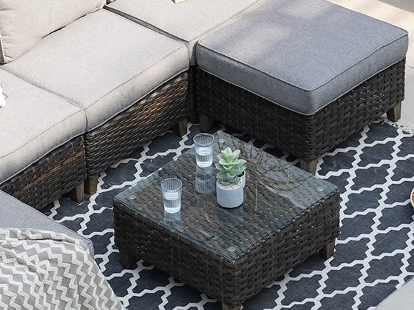 Premium Wicker Patio Coffee Table with Tempered Glass Top - Outdoor Furniture Set for Garden, Poolside & Backyard Relaxation