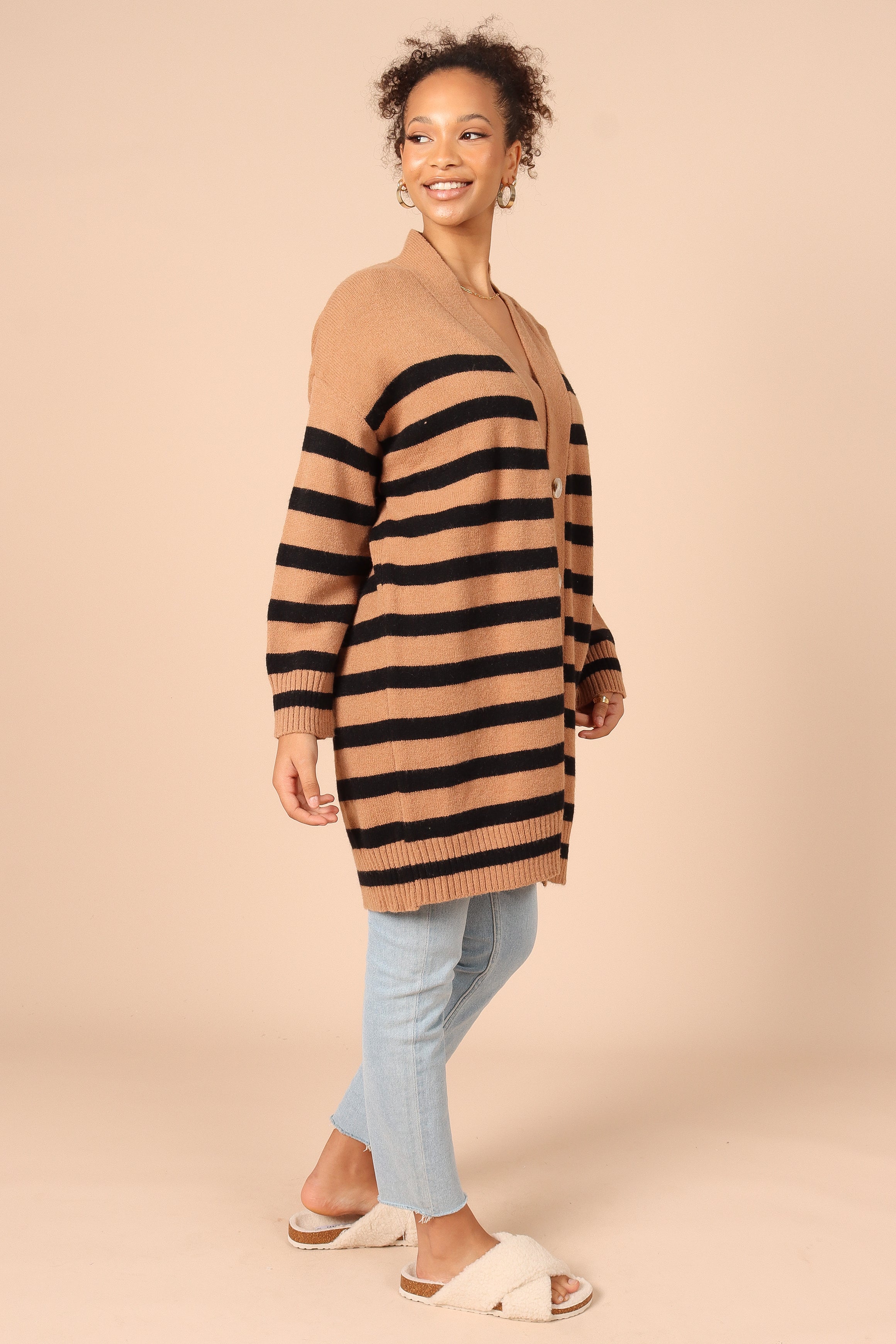 Julie Cardigan - Soft & Cozy Tan Striped Knit Sweater for Women | Perfect for Fall, Winter & Casual Outfits