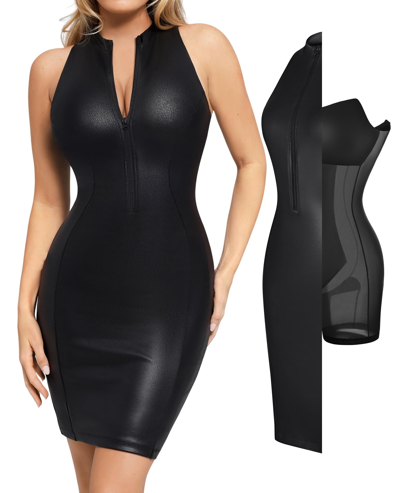 Popilush Women's Faux Leather Midi Dress with V-Neck - Slimming Shapewear Bodycon Dress for Date Night, Party & Evening Outfits - Sexy Formal Wear for Women