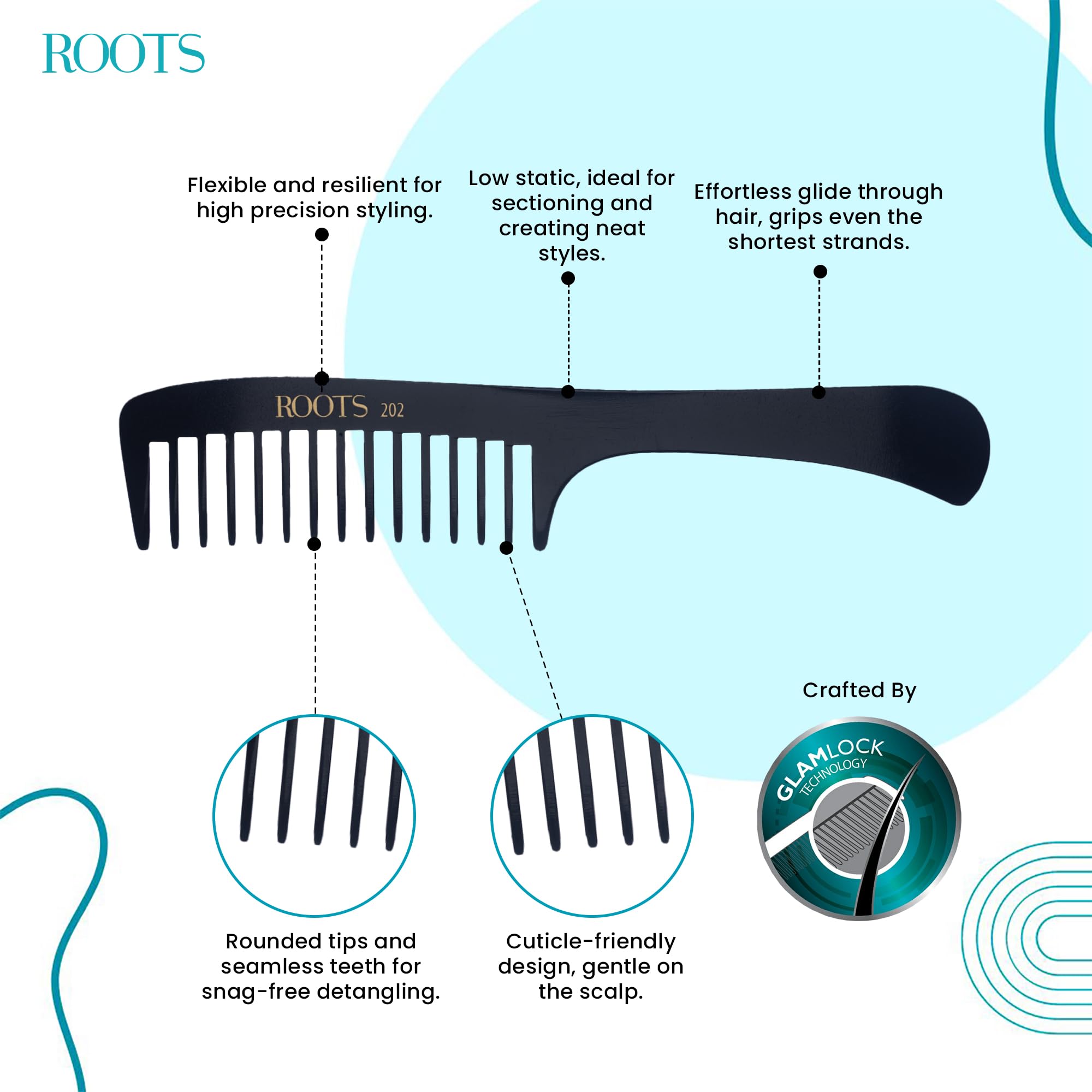 Roots Professional Detangling & Shampoo Comb - Black Fine Teeth Hair Comb with Ergonomic Handle for Men & Women - Lightweight Styling Tool for Daily Hair Care - Pack of 1 (Model 202) - Perfect for Wet/Dry Hair, Salon Use & Travel