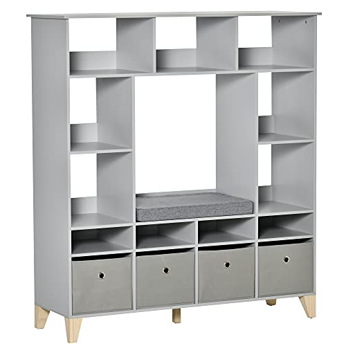 HOMCOM Kids Cube Storage Shelves with Bins - Large Capacity Toy Organizer for Bedroom, Playroom & Nursery - Sturdy Bookshelf with Seat & Thick Cushion - Grey - Perfect for Toy Storage, Book Display & Kids Room Organization