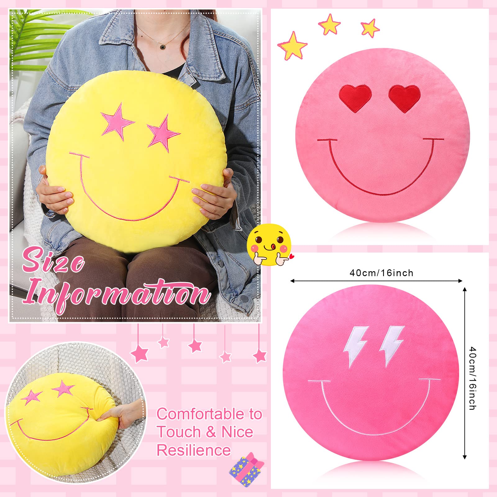 3D Embroidered Round Face Emoticon Plush Pillow Set - 3 Pack 16 Inch Cute Stuffed Throw Cushions for Bed, Sofa, Couch & Car Decor - Soft Floor Pillows for Home, Office & Dorm Room Comfort