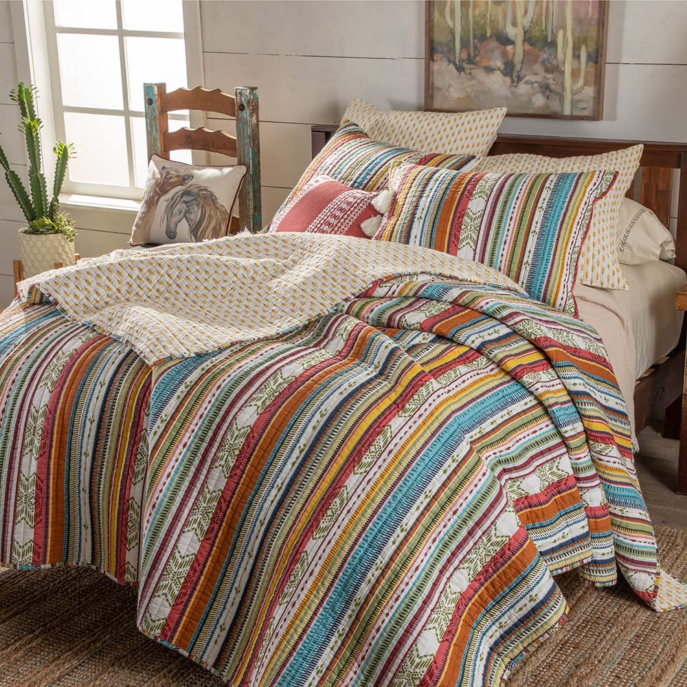 Wyeth Western Stripe Reversible Cotton Quilt - Full/Queen Size (88x92 Inches) - Red, Turquoise, Green, Orange, Yellow - Perfect for Bedroom, Guest Room & Cozy Farmhouse Decor