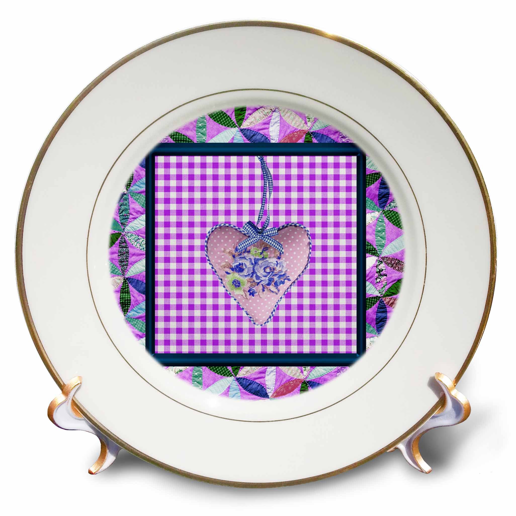 3D Rose Petal Shaped Quilt Frame - Purple Cloth Look Rose Heart Ribbon Porcelain Plate, 8 Inch - Elegant Home Decor for Dining Table, Wedding Centerpiece & Gift Idea