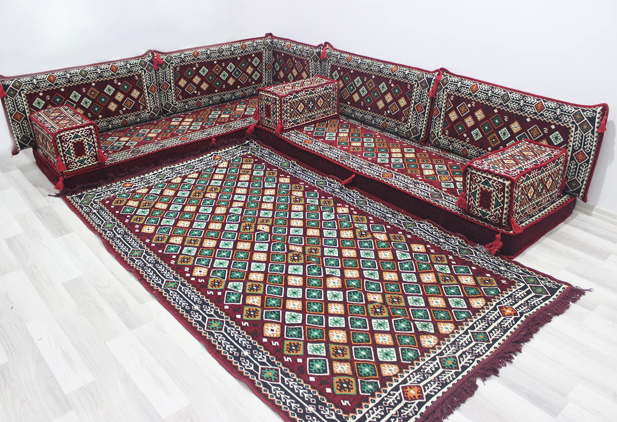 Luxury Arabic Jalsa Sofa Set with Floor Pillows & Rug - Traditional Turkish Style L-Shaped Seating for Living Room, Lounge, or Outdoor Gatherings