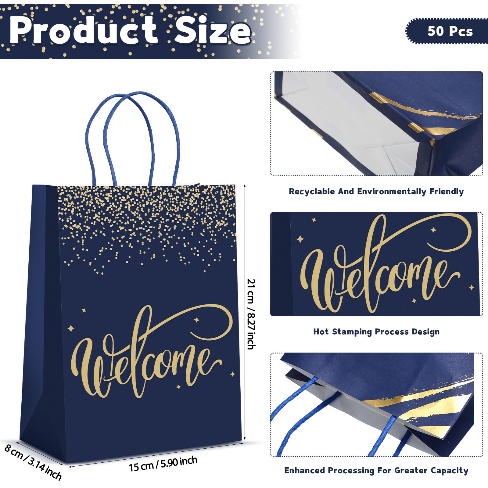 50 Pack Welcome Gift Bags with Handles & Tissue Paper - Navy Blue Kraft Paper Favor Bags for Church, Wedding, Birthday Party, Hotel Guests & Special Events - Bulk Party Supplies for Warm Welcome Gifting