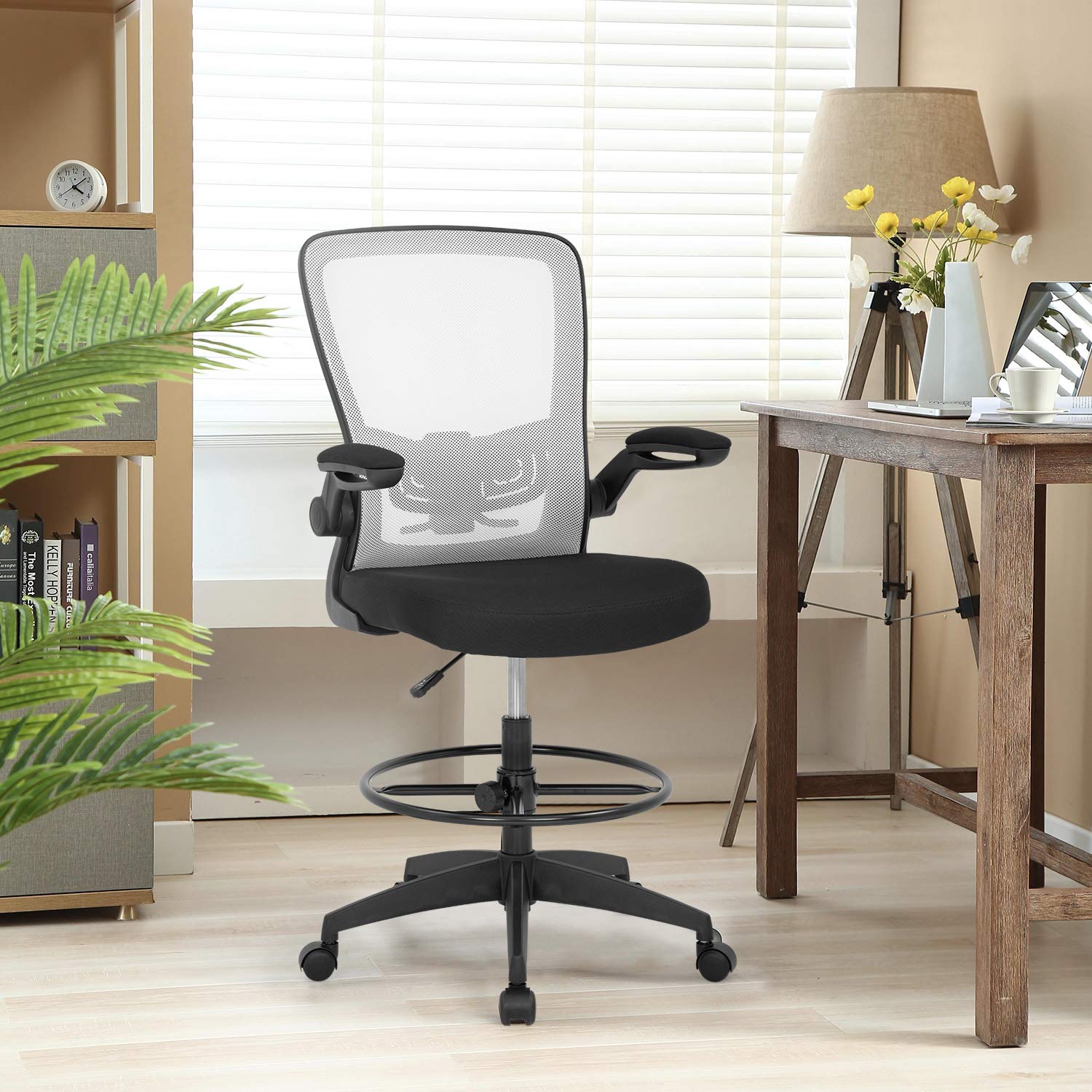 Ergonomic Drafting Chair - Adjustable Height Office Chair with Lumbar Support, Arms & Footrest - White Mesh Swivel Rolling Stool for Standing Desks - Perfect for Architects, Artists & Home Office Workspaces