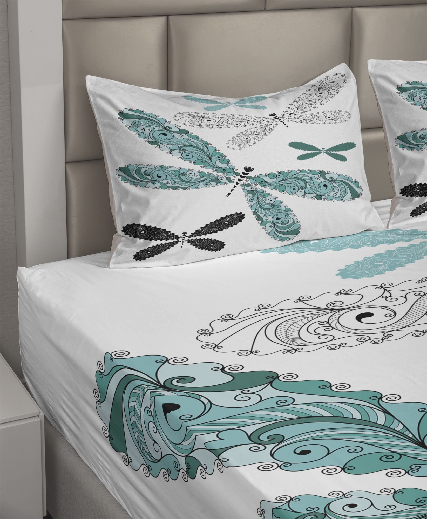 Ambesonne Dragonfly 4-Piece King Sheet Set - Ornamental Winged Insect Lace & Damask Design, Teal Turquoise Black Bedding for Master Bedroom & Guest Room Decor